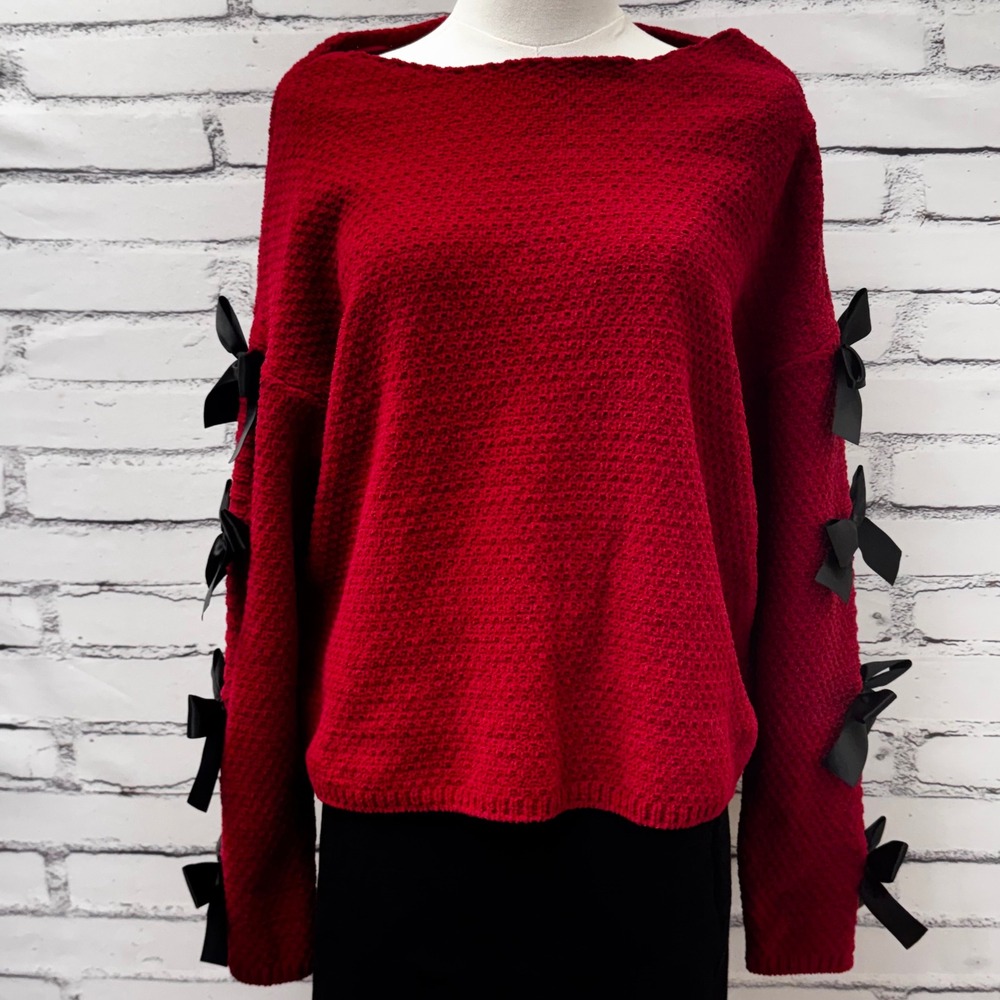 Lola Studio Red Textured Knit Bow Sleeve Sweater Boat Neck NEW L